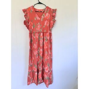 AnyBody Women Coral Floral Cotton‎ Gauze Ruffle Sleeve Tiered Maxi Dress Large